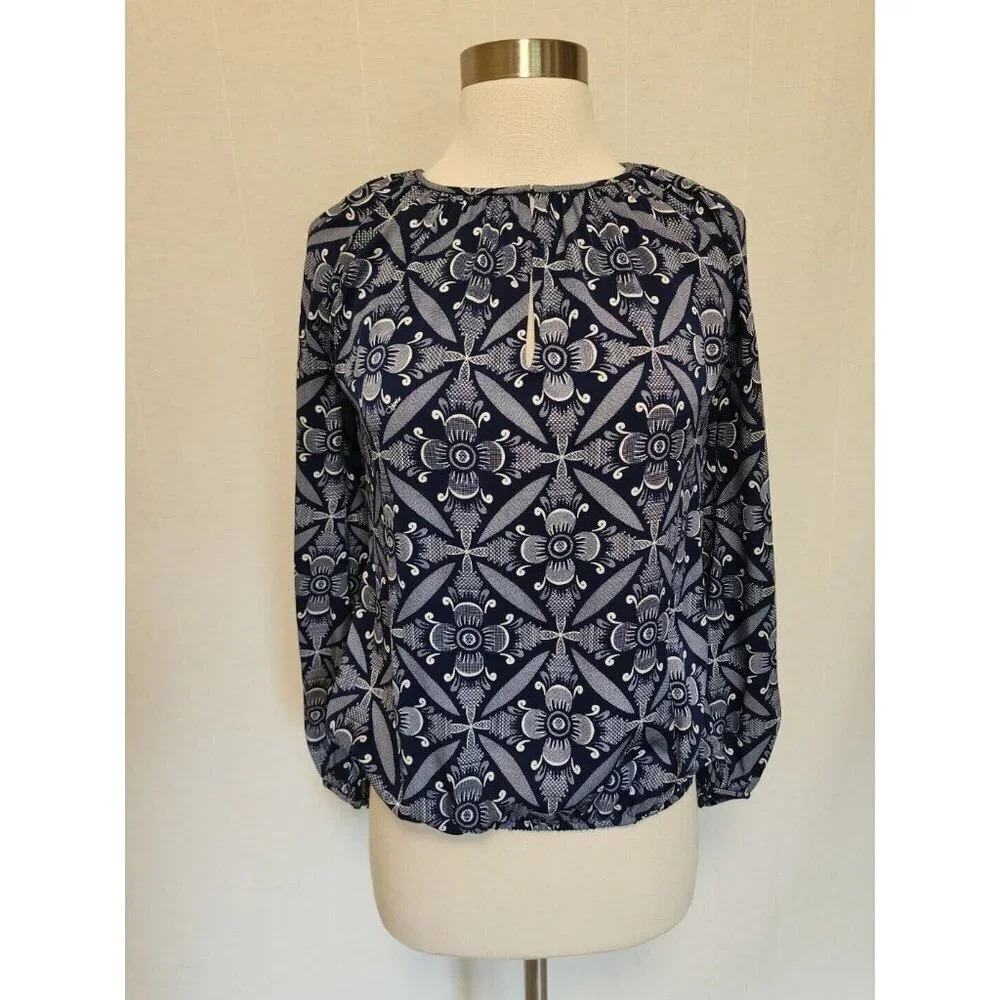 Diane Von Furstenberg Blue Printed Blouse Size Petite Elastic Waist